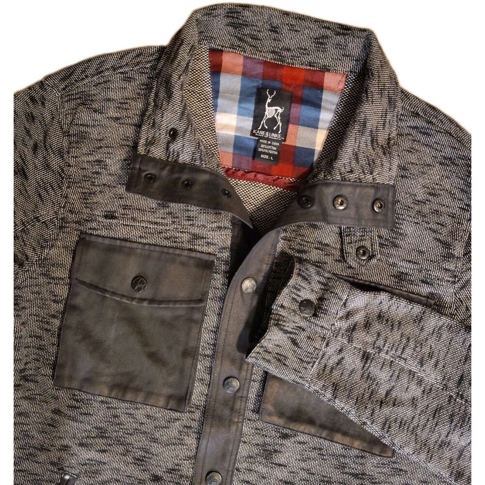 Kane & Unke Mens Large Black Gray Utility Jacket Cotton Snap Button Faux Leather